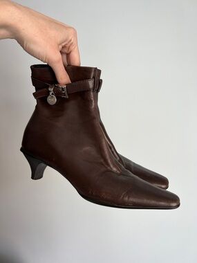 PRADA 90s brown leather pointed square toe kitten heel booties ankle boots 35.5